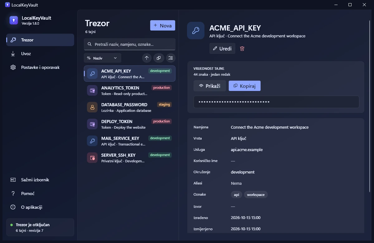 Sučelje aplikacije LocalKeyVault