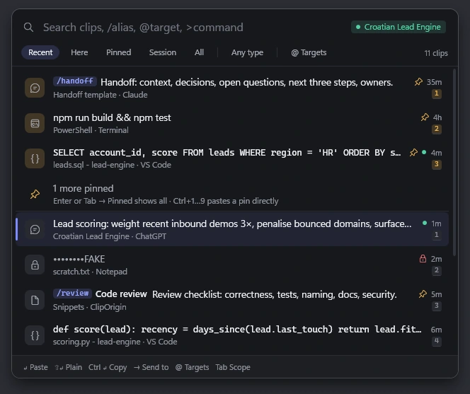 ClipOrigin Quick Paste showing sample clips and their source applications