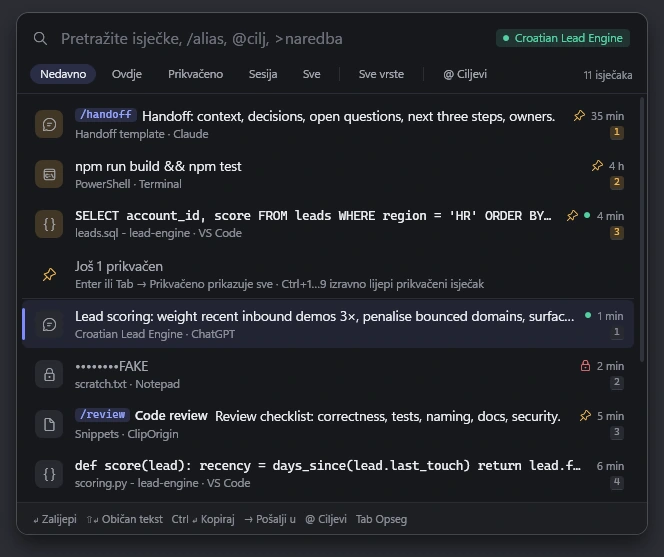 ClipOrigin Quick Paste s primjerima isječaka i njihovim izvorima