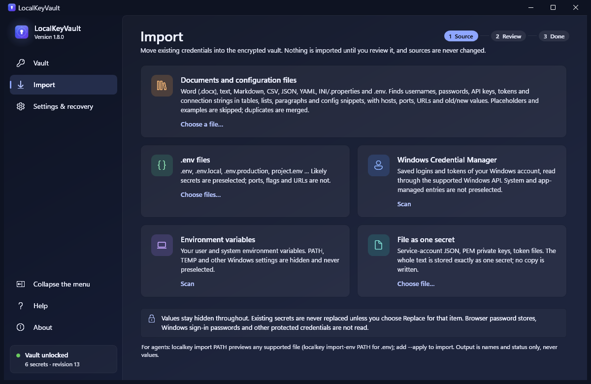 The LocalKeyVault Import Center