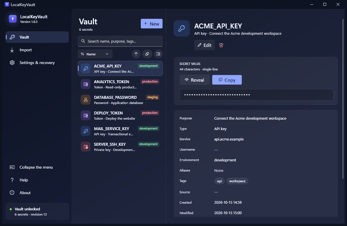 LocalKeyVault vault with demo API keys and concealed values