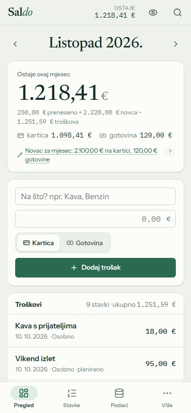 Saldo: jednostavan unos troška na mobitelu
